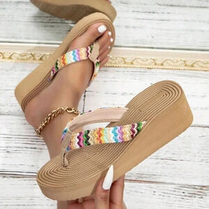 Vacation Sandals For Women, Color Block Toe Post Wedge Slide Sandals